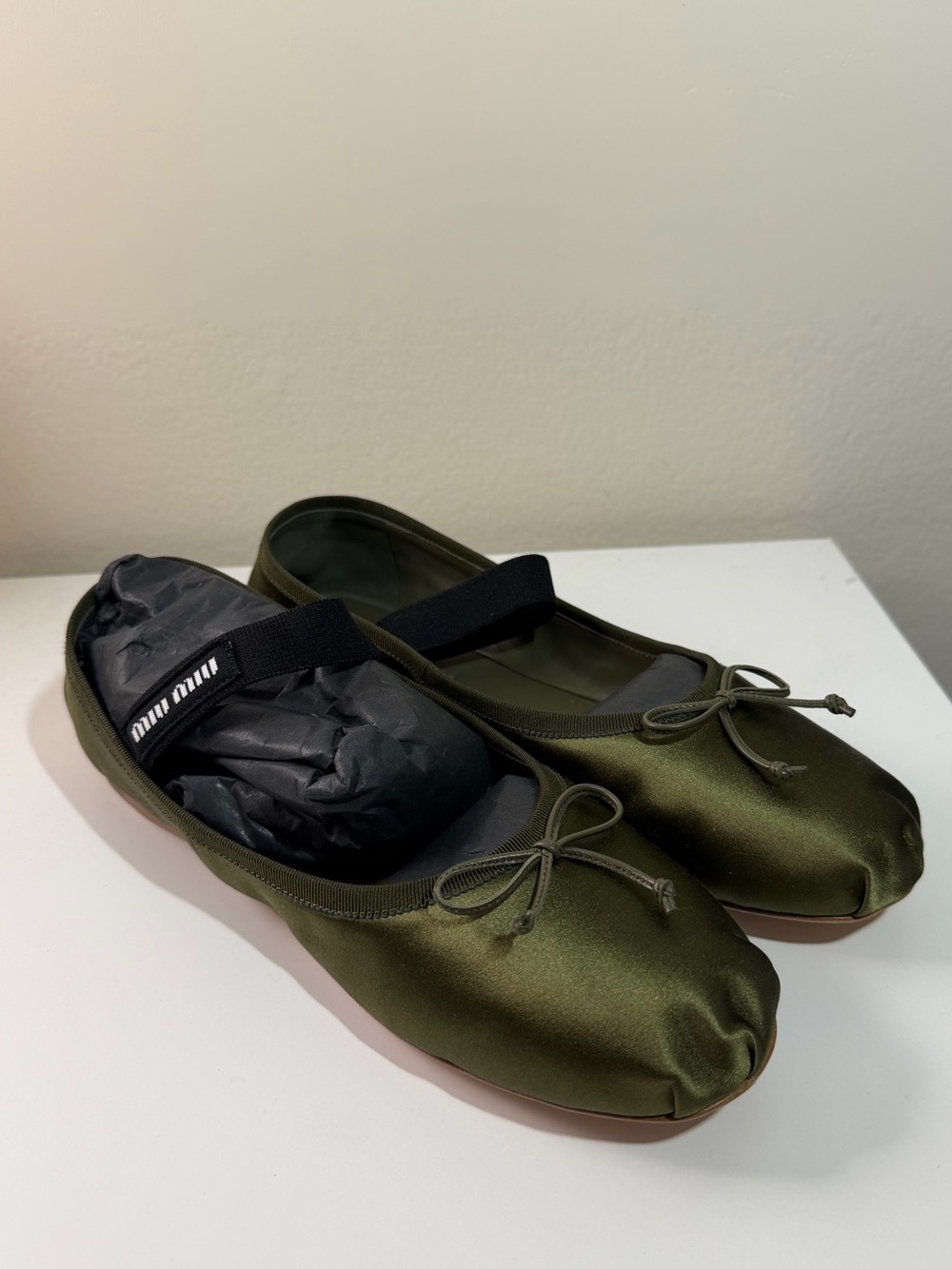 Miu Miu Olive Green Satin Ballet Flats
